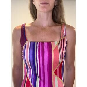 Vintage Gottex One Piece Swimsuit Shimmer Abstract Vertical Stripes Jewel Tone 6